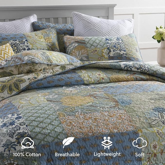 Cotton Bedspread Quilt Bedding Sets Reversible Coverlet Sets Comforters Rustic Paisley Floral Patchwork Sage Green Bedspread, Queen Size