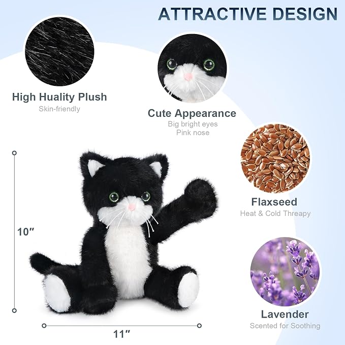 SuzziPals Heatable & Coolable Black and White Cat Stuffed Animal, Cat Heating Pad Microwavable for Soothing & Relaxation, Lavender Scented Tuxedo Cat Plush Toy for Stress Relief, Cat Toys for Kids