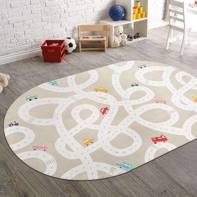 STARUIA Large Kids Rug for Playroom, 4x6 Washable Road Car Rug for Kids Room, Non-Slip Car Carpet for Boys Room, Tan Traffic Classroom Rugs Soft Baby Play Mat for Bedroom Dorm Nursery Tent