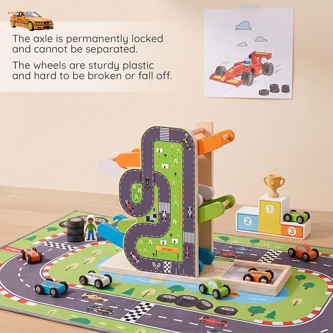Busy edition Car Ramp Toys for 1 Year Old Boy Gifts, Montessori Toys for 1 Year Old, Wooden Race Car Track for Toddlers 1-3, Toy Cars Ramp with 4 Mini Cars & Parking Lots, 1st Birthday Gifts Boy