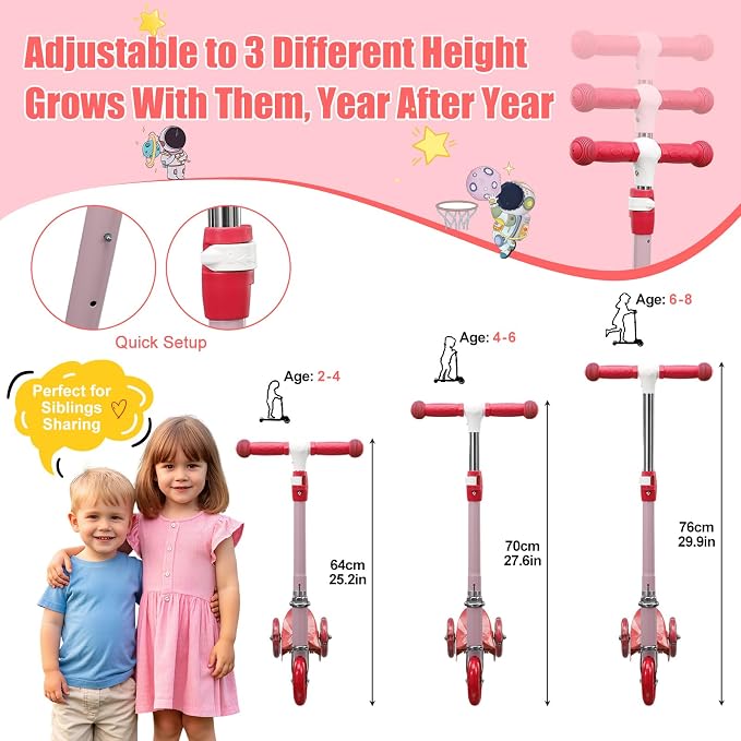 Kick Scooters for Kids 3-5 5-7 Years Age - Handlebars Flexible Steer,Height Adjustable,Stable Light Up Three Wheeled Toddler Scooter for Boy & Girl,Indoor Outdoor Kid Child Toy Gift