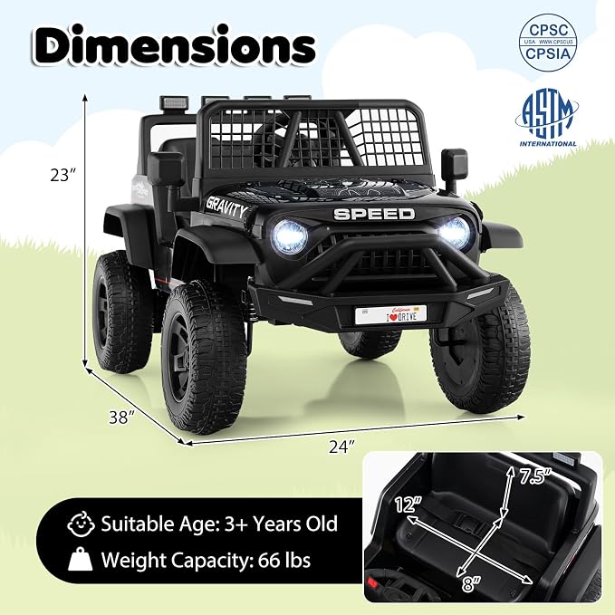 Costzon Ride on Truck, 24V Ride on Toys for Kids, Electric Vehicle with Parent Remote Control, Music, Horn, LED Headlights & Spring Suspension, Kids Car for Boys & Girls Aged 3+ (24V,Black)