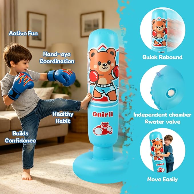 Onirii Kids Inflatable Punching Bag | Large Stable Kids Inflatable Boxing Bag Toy Set with Gloves for Boys & Girls Age 3-12 for Taekwondo,MMA and Practicing Karate