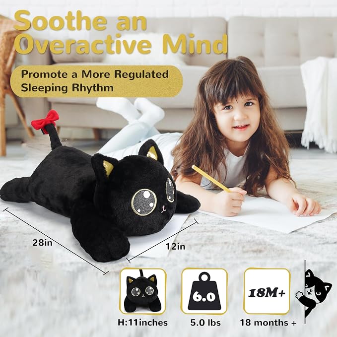 meowtastic Black Cat Weighted Stuffed Animals - 28 Inch 5.0 Pounds Weighted Plush Cat Stuffed Animal - Large Kitten Toys Pillow - Cute Plush Toys Gifts for Kids & Adults (28" 5.0 lbs)