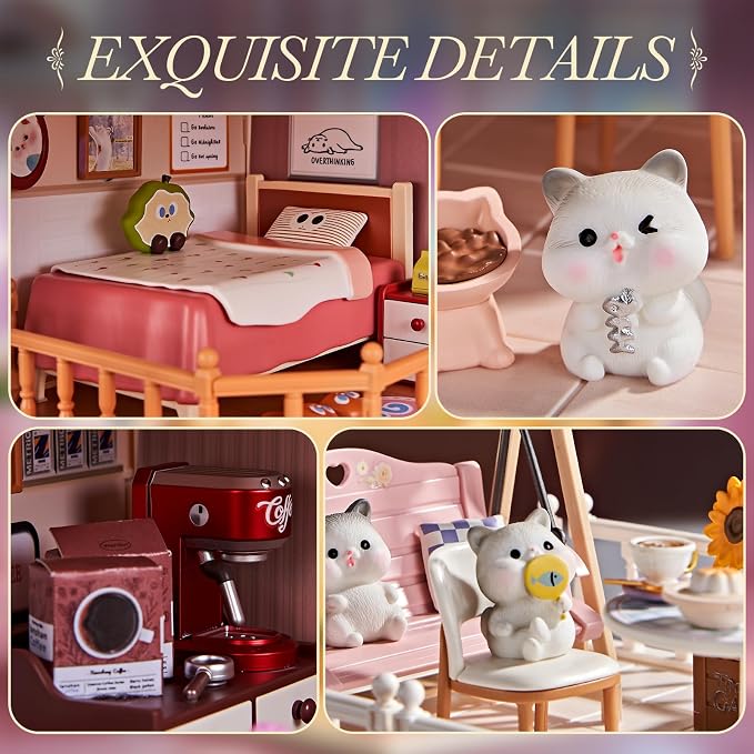 DIY Miniature House Kit for Kids 8+ – Cozy Home Tiny House with LED Light, Living Room, Kitchen & Swing Balcony, Dollhouse Mini Room Building Craft