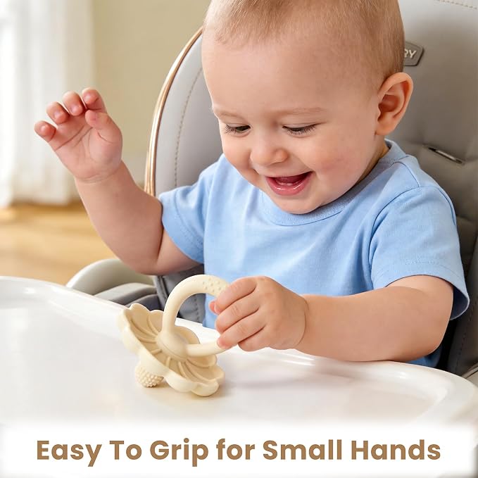 Baby Silicone Flower Teether Pacifier, Nipple-Shaped End Texture for Sucking Needs, Teething Relief, Chew Sensory Toys for Babies 0-6 6-12 Months, Hands-Free Design, BPA Free, Freezable -Beige