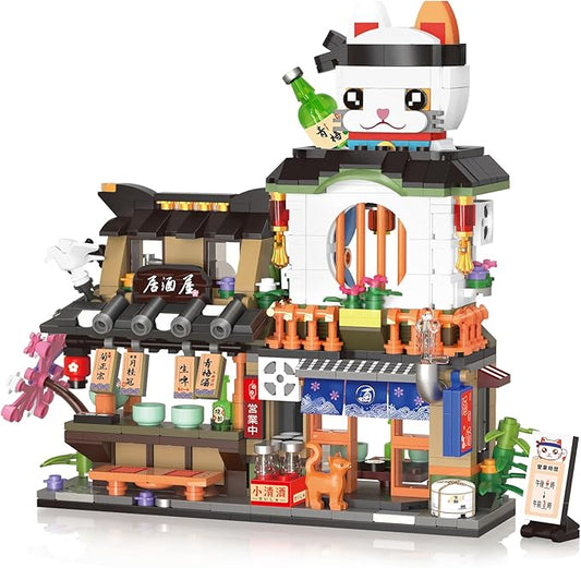 809 PCS Japanese Street View Izakaya Building Blocks – Foldable MOC Sakura Dining Bar Model Kit, Mini Bricks Gift for Adults Kids Girls 6-12 (Not Lego Compatible)