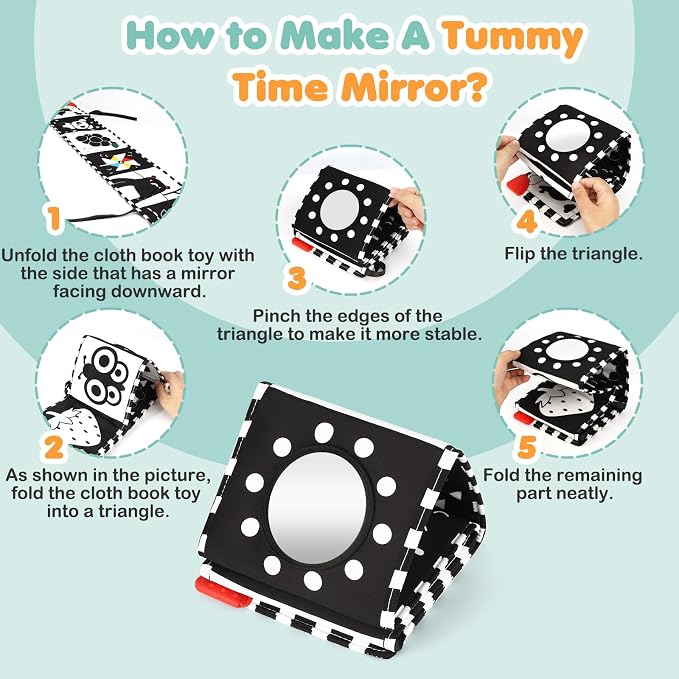 BBWOO High Contrast Baby Toys for Newborn, Tummy Time Mirror, Black and White Baby Toy for 0-6 Months, Soft Montessori Visual Stimulation Infant Book, Boy Girl Shower Gift