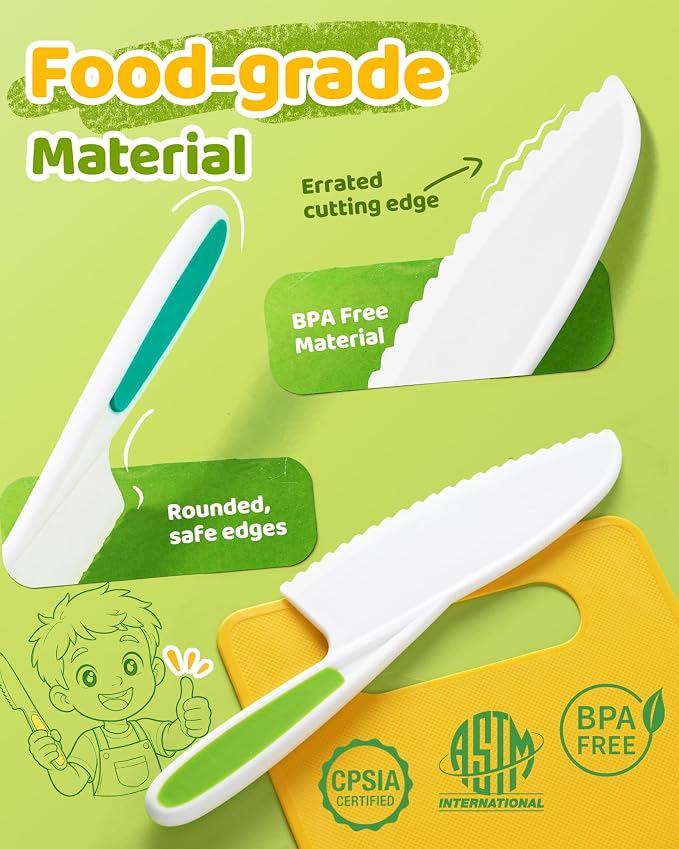 Kids Knife Set for Real Cooking, 5 Pcs Kid Safe Plastic Kitchen Knife Set with 3 Knives and 2 Cutting Boards, Montessori Cooking Set for Kids