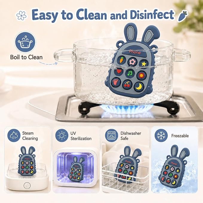 Press Phone Teether for Baby Girls, Soft Silicone Teething Toy, Sensory Toy | Teething Relief, BPA-free, Freezer, for Baby 3 Months+, Cute Rabbit Design with Textures and 9 Patterns, Press & Pop for Fun!