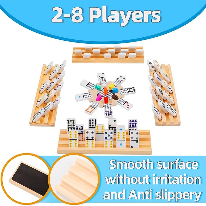 Doreimi Upgraded Mexican Train Dominoes Set with 8 Wooden Holders, Double 12 Dominos Set for Kids, Adults Travel Domino Train Set with 91 Tiles and Carry Case, Classic Board Games for Family Night