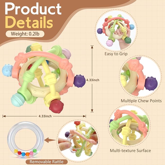 Baby Rattle Ball Sensory Toys - Silicone Baby Teether Teething Toys Over 3 Months - BPA Free Newborn Infant Toddler Toys Baby Shower Gifts