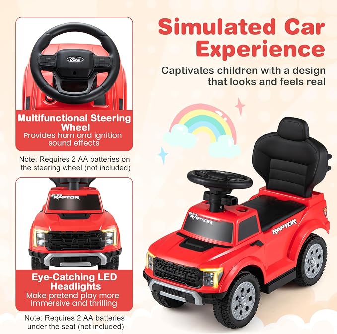 Costzon Ride On Push Car for Toddlers, 3-in-1 Ford Licensed Sliding Car w/Handle, Guardrail, Horn, Engine Sound, LED Lights, Under Seat Storage, Foot-to-Floor Kids Ride On Toys for Boys Girls (Red)