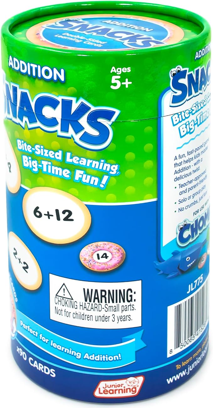 Junior Learning: Addition Snacks - Hand-On Math Practice Game, Problems On One Side - Solution On The Other, Donuts Theme Double-Sided Cards, Kids 5+