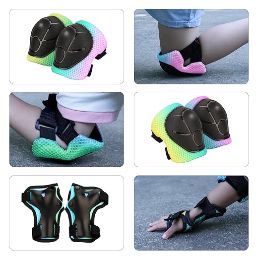 Kids Protective Gear Set - Knee Pads Elbow Pads with Wrist Guards for Ages 3-12 | 3-in-1 Safety Protective Gear for Skating, Cycling, Biking, Roller Skates, Scooters (Yellow blue pink, ‎M(8-12Years))