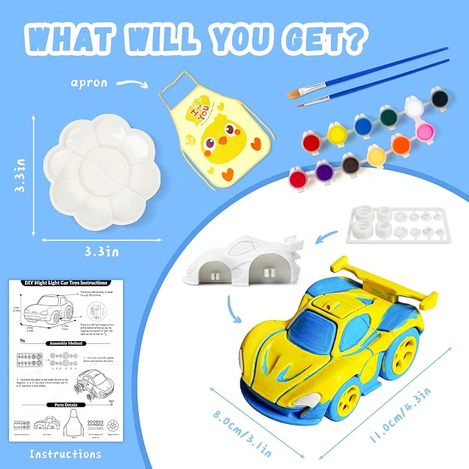 Paint Your Own Car Lamp Kit, Arts and Crafts for Kids Ages 8-12, Arts and Crafts for Kids 4-6, DIY Winged GT Night Light, Painting Kit Birthday Gifts for Girls Boys Ages 3 4 5 6 7 8 9 10 11 12+