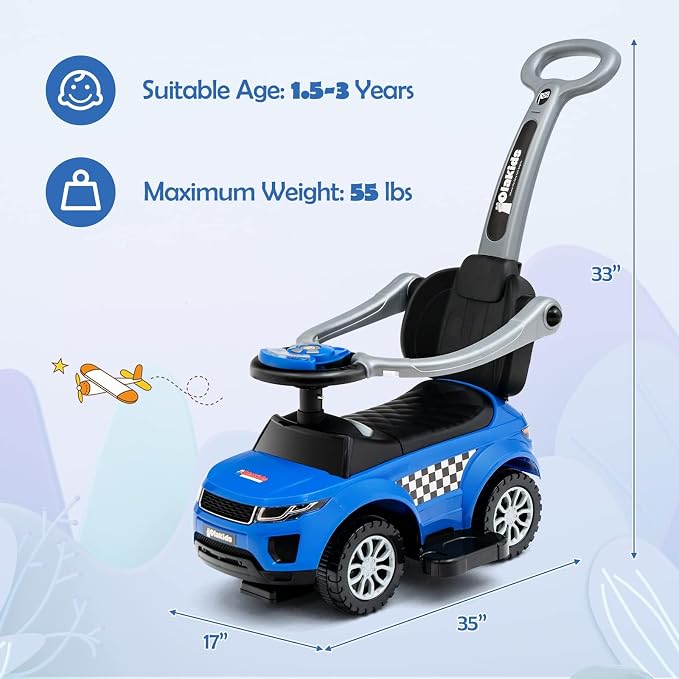 OLAKIDS 4 in 1 Ride on Push Car, Toddlers Stroller Sliding Walking Toy with Horn, Music, Lights, Removable Guardrails and Handle, Underneath Storage, Baby Foot-to-Floor Walker for Boys Girls (Navy)