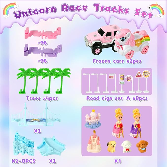 Unicorn Race Tracks for Kids Ages 3-8, 224 PCS Princess Car Toys with Magic Bendable, 2 Monster Truck, Flexible DIY Track Set, Christmas Birthday Gifts for 3 4 5 6 Year Olds Kids Toddler Girls