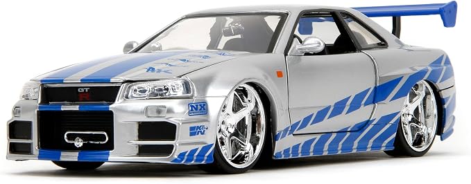 Jada Toys Fast & Furious Brian’s 2002 Nissan Skyline R34 Die-cast Car, 1:24 Scale, Silver & Blue