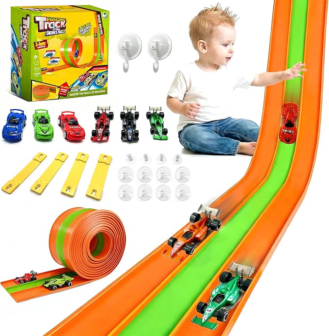 16ft Flex Track, Flexible Race Track for Kids 3-5 Year Old with 4 Pull-Back Cars, Portable Roll Up Racing Car Tracks for Toddlers, Birthday Gifts for Boys Girls (3 Lane - Green & Orange)