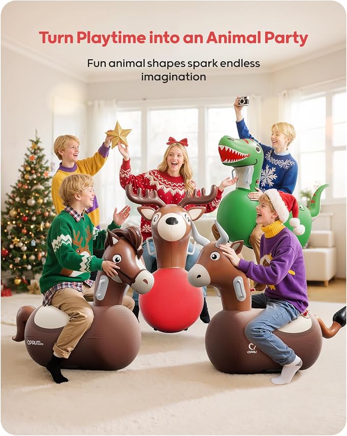 QPAU 2 Pack Large Inflatable Reindeer Hopper Bouncy Toy, 250lbs High Capacity Ride-on Animal for Kids & Adults, Soft Fabric Cover & Pump, Durable Puncture-Resistant Bouncer for Family Party Gift