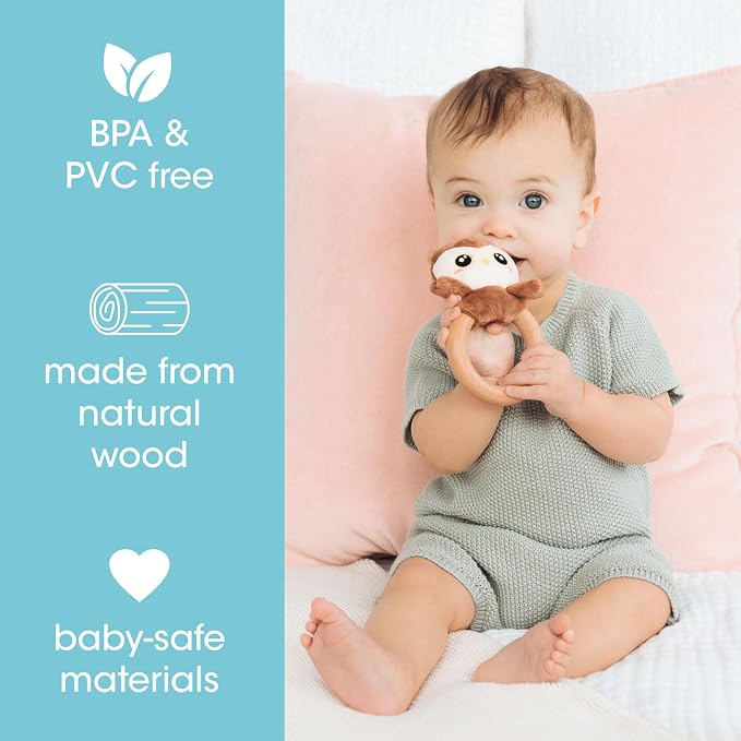Pearhead Owl Wooden Baby Teether – Soft Plush Lovey with Natural Wood Rattle Ring, BPA-Free, Soothes Infant Gums, Multi-Sensory Newborn Essential for Boys and Girls, 0+ Months