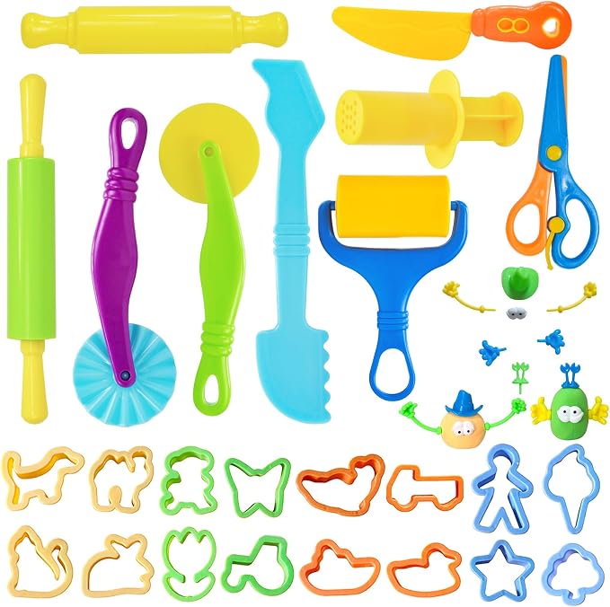 LCY WEDSHI Dough Tool Set, 32 Pcs Dough Tools Sets for Kids Ages 4-8, Dough Accessories Includes Animal Molds, Cutters Roller, Rolling Pins, Safety Scissors, Plastic Knife