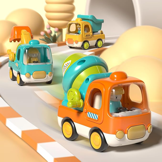 Baby Toys Push Cars for 1 2 3 Year Old Friction Powered Construction 3 Pack Friction Vehicle Set Excavator Dumper Cement Mixer Truck Lights and Musial Toys Birthday Gifts for Toddlers 1-3