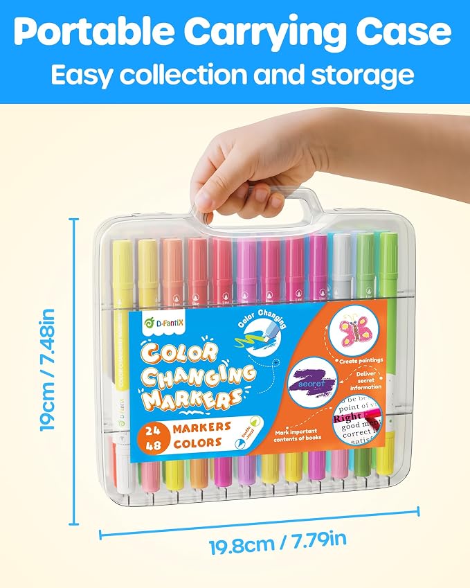 D-FantiX Color Changing Markers for Kids Adults, 24 Pack 48 Colors Dual Tip Magic Drawing Pens Art Supplies, Arts and Crafts Coloring Set, Car Airplane Travel Activities, Gifts for Boys Girls Teens