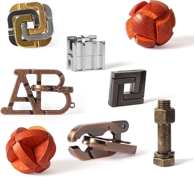 RLYLF 8 Pcs Brain Teaser Puzzles Favor Educational Toys Mind Puzzles Ancient Wooden and Metal 3D Unlock Interlock IQ Puzzles Box Game