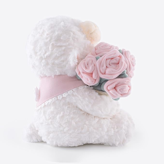 11.4" White Lamb Plush Stuffed Animal with Removable Bouquet of Pink Roses - Ultra Soft & Interactive Cuddly Toy Gift, A Surprise That Never Fades