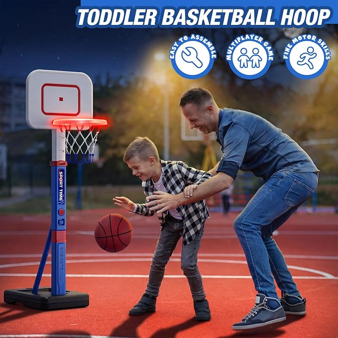 HYES Toddler Basketball Hoop with Scoreboard/LED Basketball Rim/4 Balls, 55" Height Adjustable Basketball Hoop for Kids 3-5, Indoor Outdoor Sport Toys Birthday Gifts for Baby Boys Girls