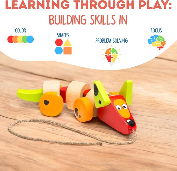 Cubika Wooden Walk Along Sausage Dog – Pull Toy for Toddlers Ages 1-3 – Montessori Inspired, FSC-Certified Wood, German Water-Based Paint – Travel Wooden Toys for Boys and Girls