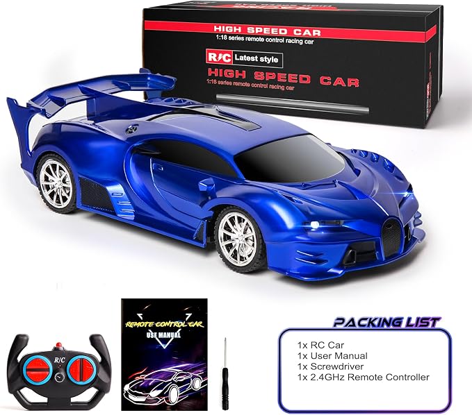 Remote Control Car 1/18 High Speed RC Cars Toys for Boys Girls Vehicle Racing Hobby with Headlight Xmas Birthday Gifts for Kids (Blue)