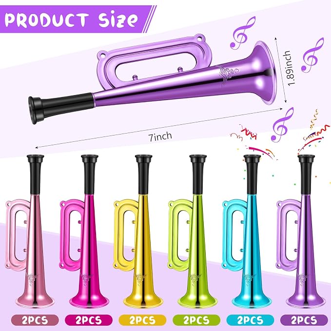 Poen 12 Pcs Toy Trumpet Kids Mini Metallic Trumpet Parties Musical Blow Horn Instruments Plastic Noise Makers for Kids Events Party Favors Music Class Stage Props 7 Inch Easter Day(Colorful)