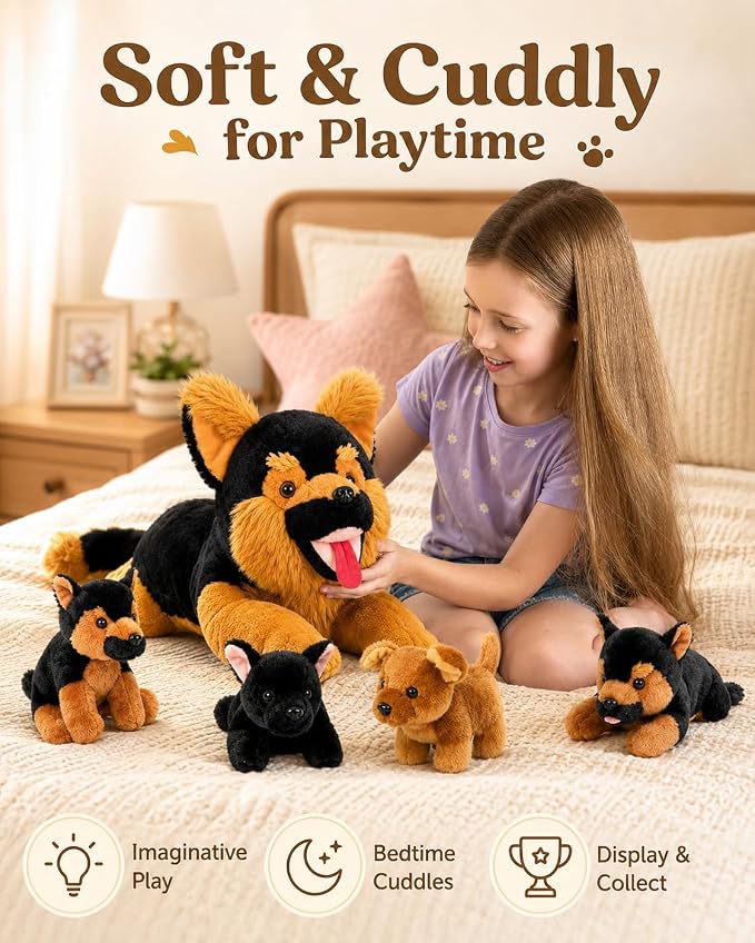 MaoGoLan 5Pcs Giant German Shepherd Dog Plush Toys with 4 Babies, Realistic Soft and Cuddly Stuffed Dog Puppies for Kids, Puppy Lovers