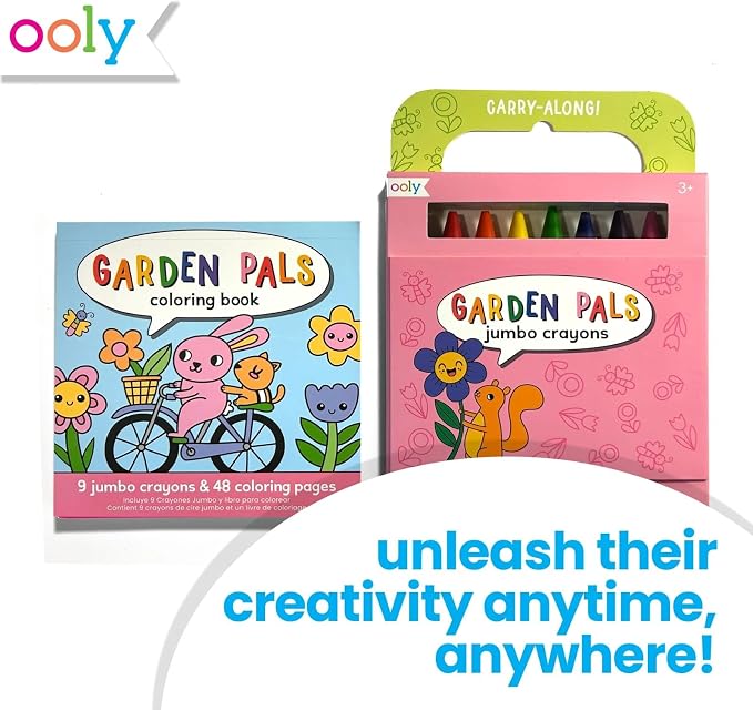Ooly Kids Travel Activity Kit – 9 Jumbo Crayons & 48 Coloring Pages, Car Crafts for Kids, Mess-Free Road Trip Art Set, Airplane Activities – Garden Pals