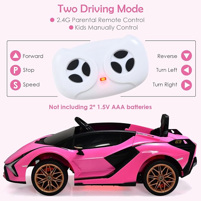 OLAKIDS Kids 12V Licensed Lamborghini SIAN Ride On Car, Electric Vehicle for Toddler with Control Remote, Battery Powered Toy with Music, Horn, 2 Speeds, Suspension, LED Lights, Bluetooth, USB (Pink)
