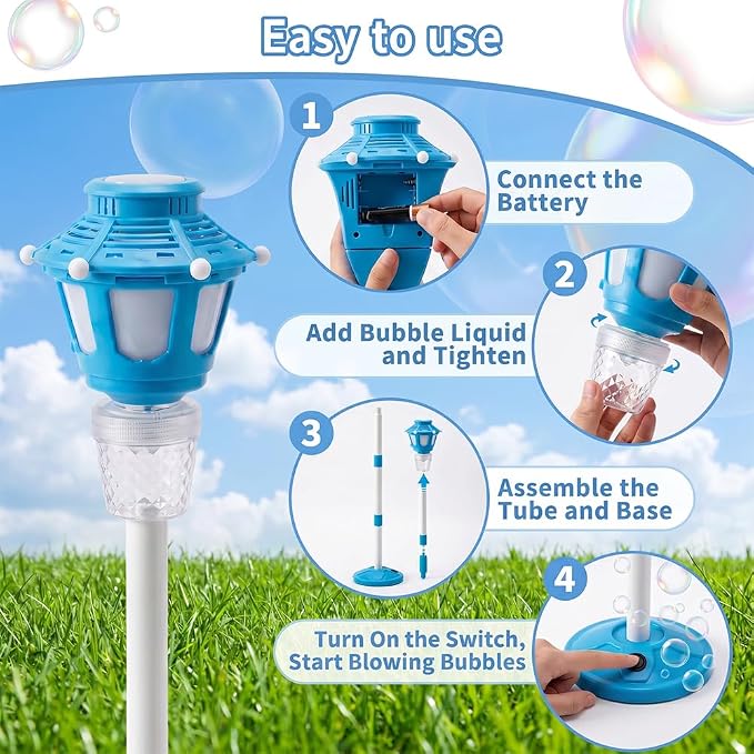 2026 New 47" Rechargeable Automatic Bubble Maker with Light and Music for Outdoor, Adjustable Height Stand with Detachable Wand, Bubble Solution Included for Party (Blue)