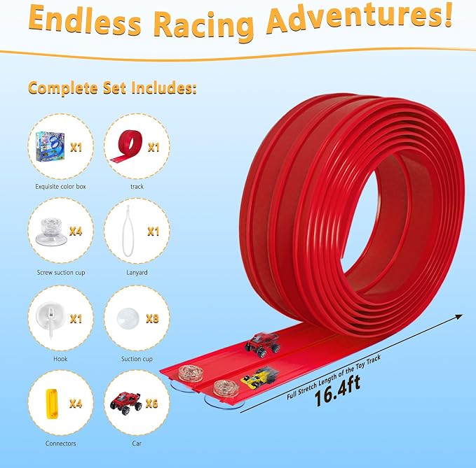 Portable DIY 16ft Flexible Race Track with Roll-Up Storage Compatible with 1/64 Diecast Cars Ages 3+（Includes 6 Racing Cars） Christmas Decorations for Kids