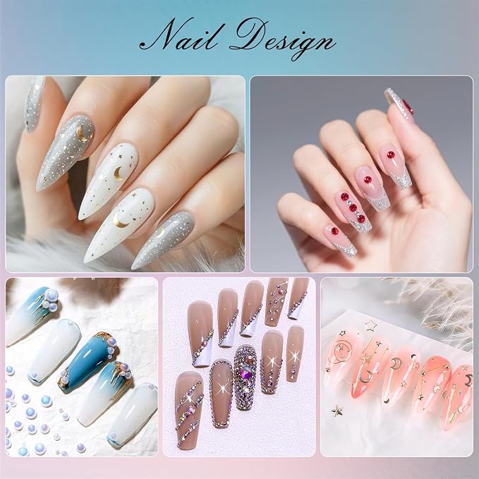 Artdone Nail Art Glitter Studs Kit, 6 Boxes Multicolor and Design 3D Charms with 15 Sheets Gold Nail Stickers, Diamond Cute Nail Jewels for DIY Decoration with Pickup Tools