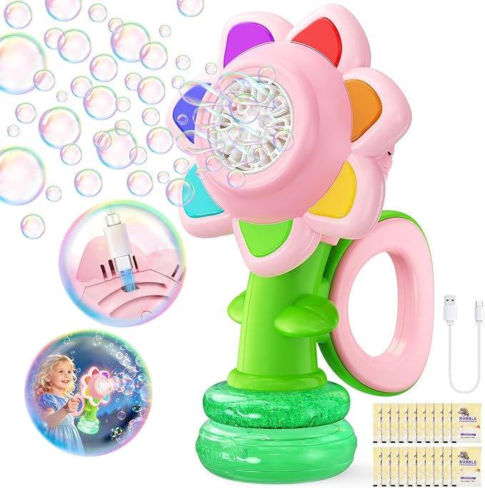 Yunaking Bubble Machine Wands Kids Toys: USB-C Rechargeable Bubbles Gun Maker Outdoor Toys LED Light Easter Basket Stuffers Birthday Valentines Gift for 3 4 5 6 7 8 Girl Toddlers Kids Party Wedding