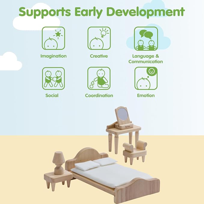 PlanToys® Wooden Victorian Bedroom Set | Montessori Dollhouse Furniture for Daily Routine Play, Social Skills & Imaginative Storytelling | Eco Friendly Wooden Bedroom Accessories for Dollhouse