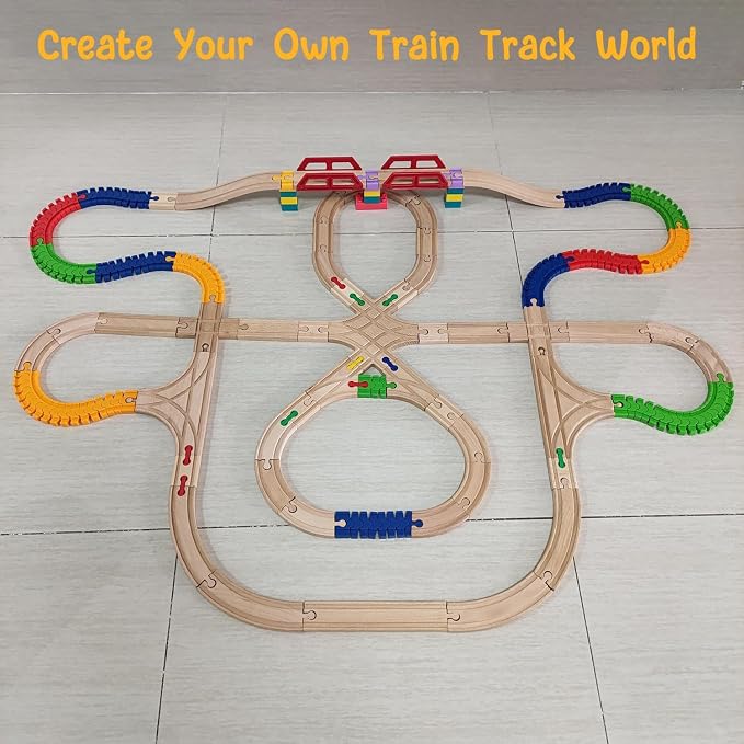 Wooden Train Track Accessories Set, 32 pcs Track Connector, Compatible with All Major Brands Train Tracks, Christmas Birthday Gift for Boys Girls, Trains Toys Expansion Pack for Kids Ages 3+