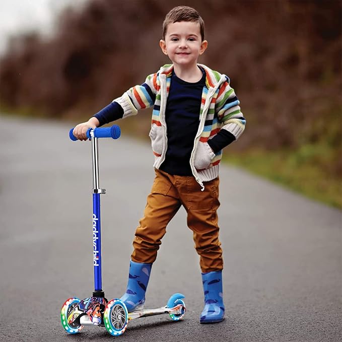 3-Wheel Kick Scooter for Kids Ages 3-8 Lean-to-Steer Toddler Scooter with Extra Wide Light Up Wheels, 4 Adjustable Heights, Foldable Scooters for Boys & Girls, Max Weight 110lbs