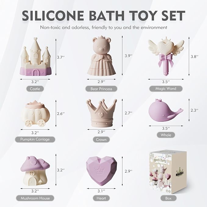 MarcZero Princess Silicone Bath Toys 8Pcs for Toddlers Kids Babies,Bathtub Water Toys,Soft Squeezable Easy-Grip Pool Toys Set (Purple)