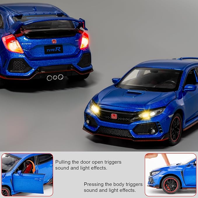 1:32 Scale Civic Type R Model Car，Toy Vehicle with Sound & Light, Pull Back Function & Openable Doors - Premium Diecast Collectible with Realistic Details Blue