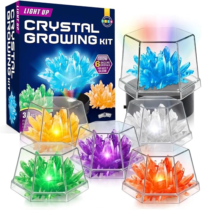 BenBen Light Up Crystal Growing Kit for Kids - Grow 6 Vibrant Crystals - STEM Science Experiments DIY Kit with LED Display Night Light Base - Educational Toys Birthday Gifts for Boys Girls Age 8-12