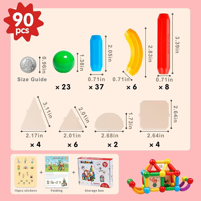 MAGBLOCK 90PCS Magnetic Building Sticks Toy Building Blocks Gift for Boys and Girls, Magnet Sticks Balls and Rods Sets, Sensory Montessori Toys for Preschool Toddlers Kids