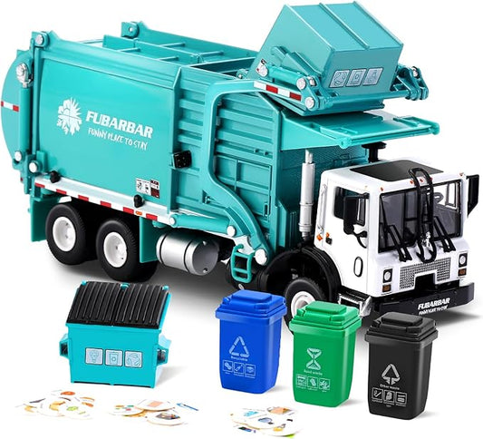 FUBARBAR Truck Toy Model – 1:43 Diecast Metal Garbage Recycling Waste Transport Truck with Trash Bin, Pull Back Model Car Toy for Kids 4-6 Age Boys Birthday Gift (Blue)